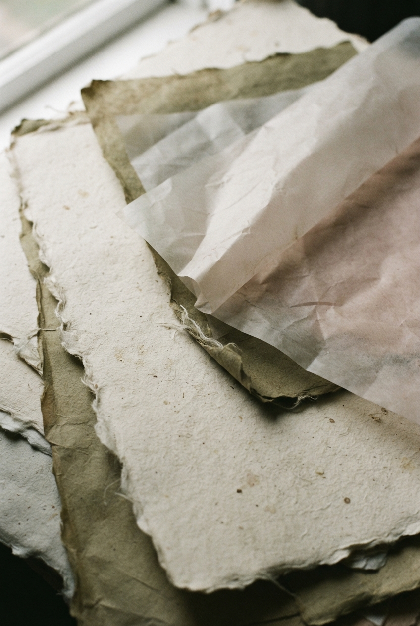 Overlapping handmade paper sheets with rough edges and muted cream, beige, and olive tones.