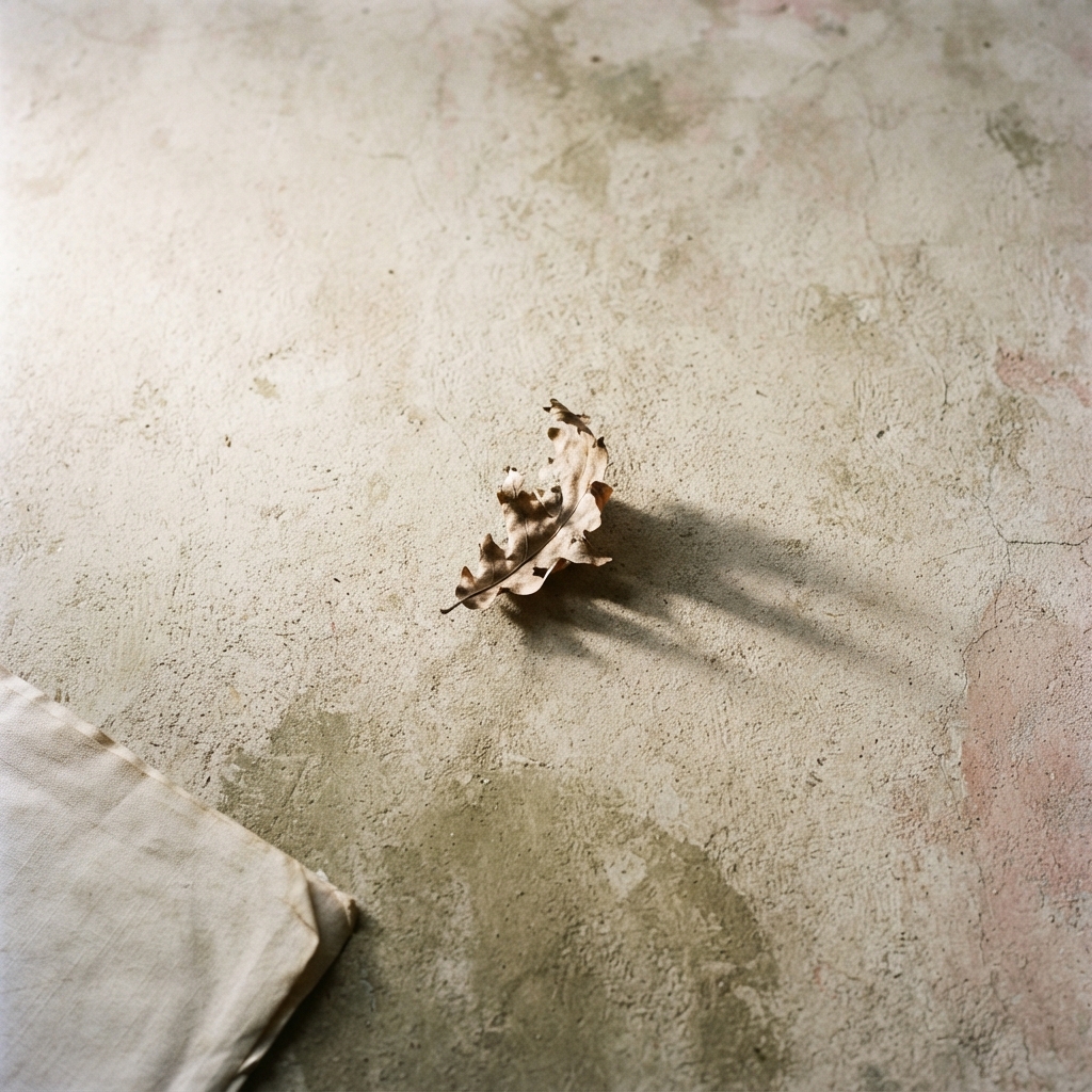 A curled dry leaf casts a long shadow on a weathered concrete surface beside folded cream cloth.